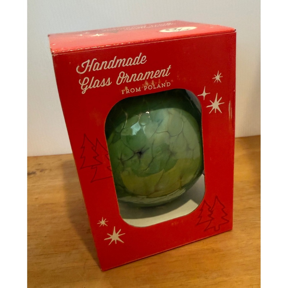 Zorza Glass Christmas Ornament Green Handmade Mouthblown Poland Crackle NEW